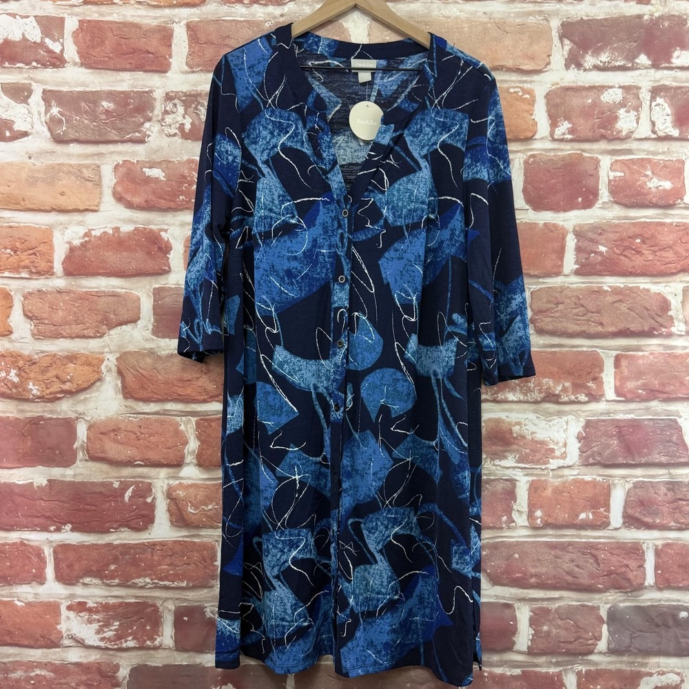 Zim & Zoe Dress Women's 18 Blue Abstract Slinky Knit Button Up Casual Career